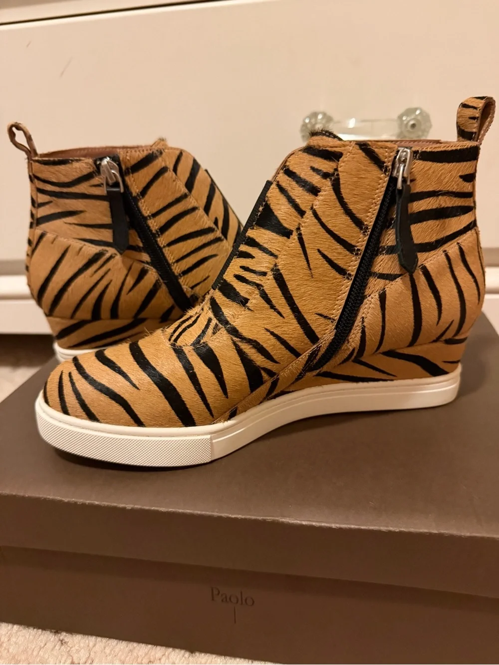 Paolo Tiger-Striped Wedge Sneaker Booties - Calf Hair Fur-Tan & Black  6.5